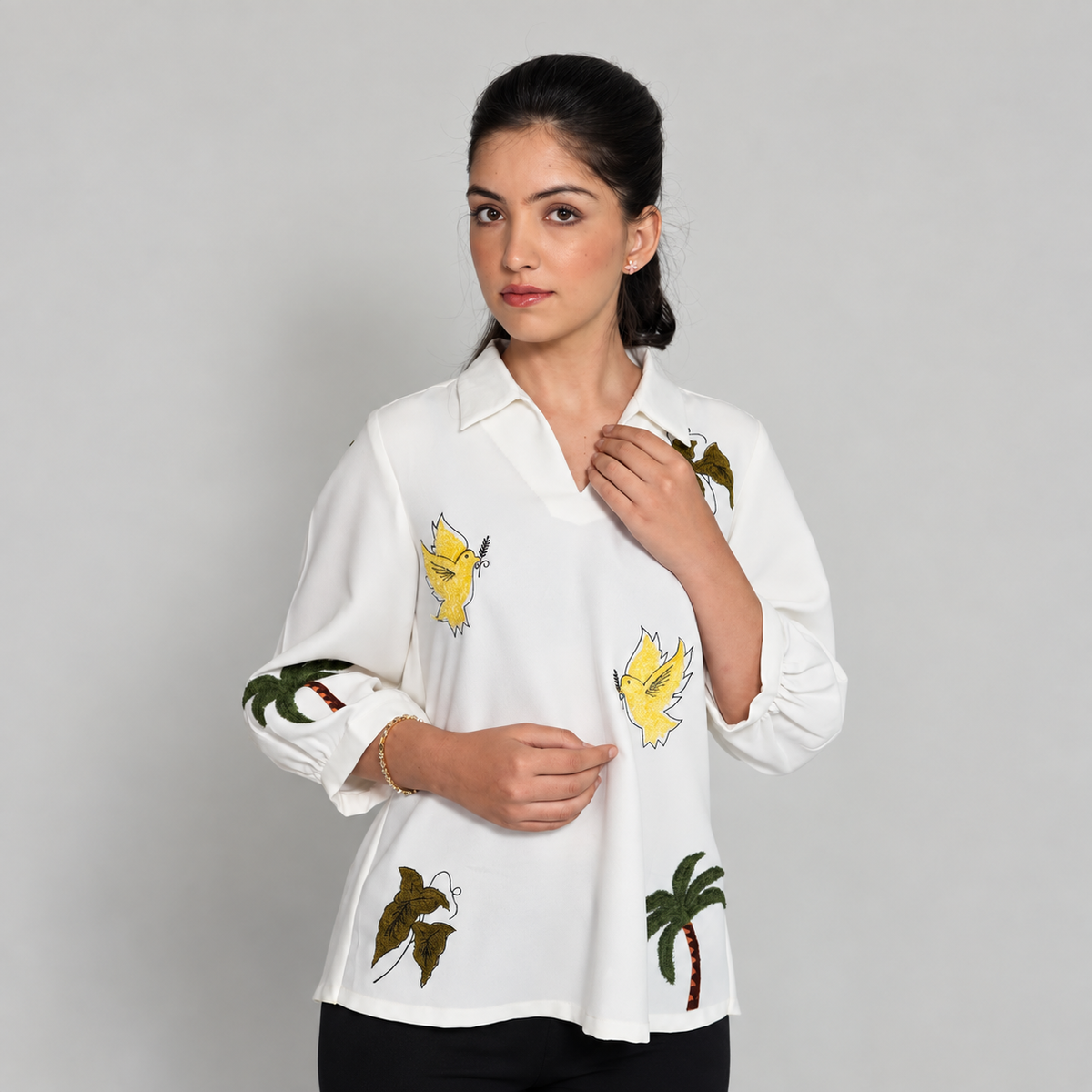 Ivory Bird & Palm Embroidered Top