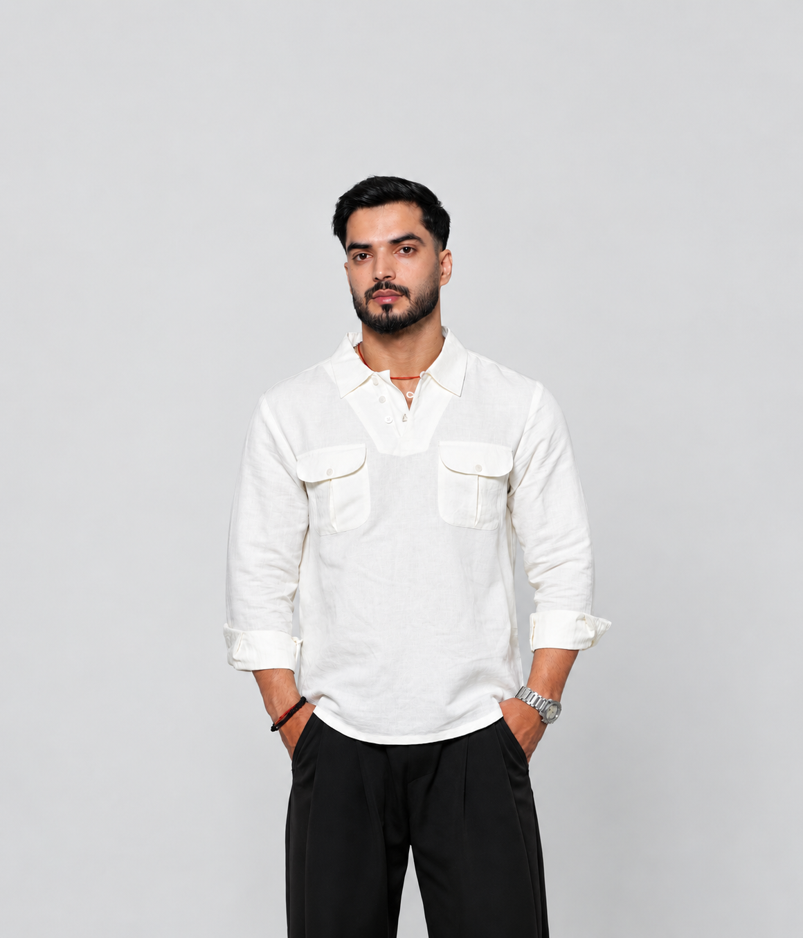 Ivory Utility Linen Shirt for Men | Rafia