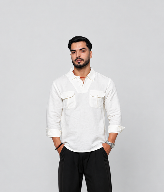 Ivory Utility Linen Shirt for Men | Rafia