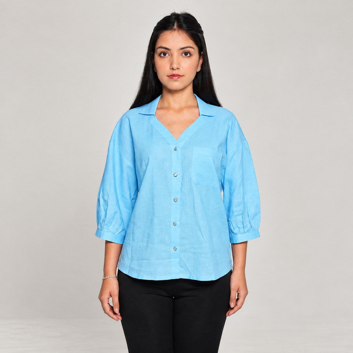 Sky Blue Botanical Back-Embroidered Shirt