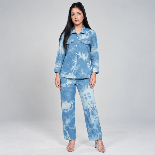 Blue Tie-Dye Embellished Shirt & Trouser Co-Ord