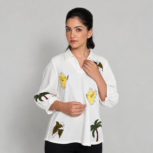 Ivory Bird & Palm Embroidered Top