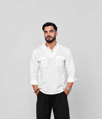 Ivory Utility Linen Shirt for Men | Rafia