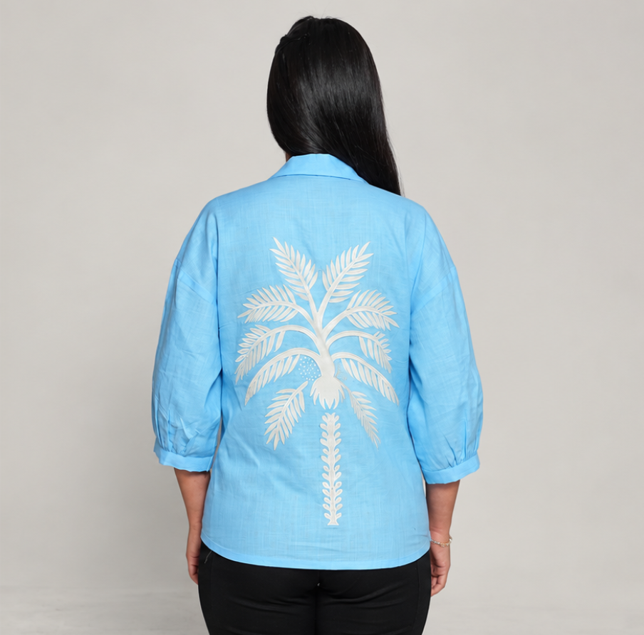 Sky Blue Botanical Back-Embroidered Shirt