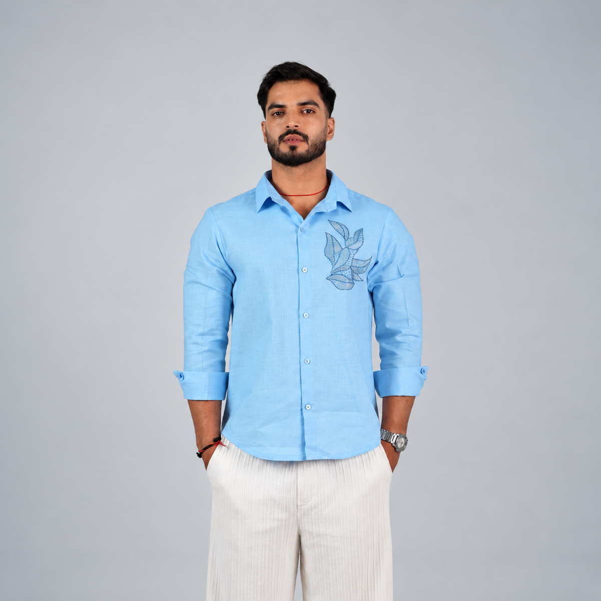 Sky Blue Botanical Embroidered