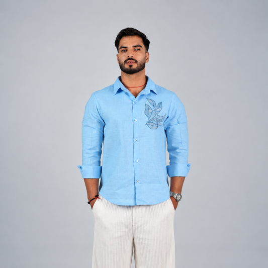Sky Blue Botanical Embroidered